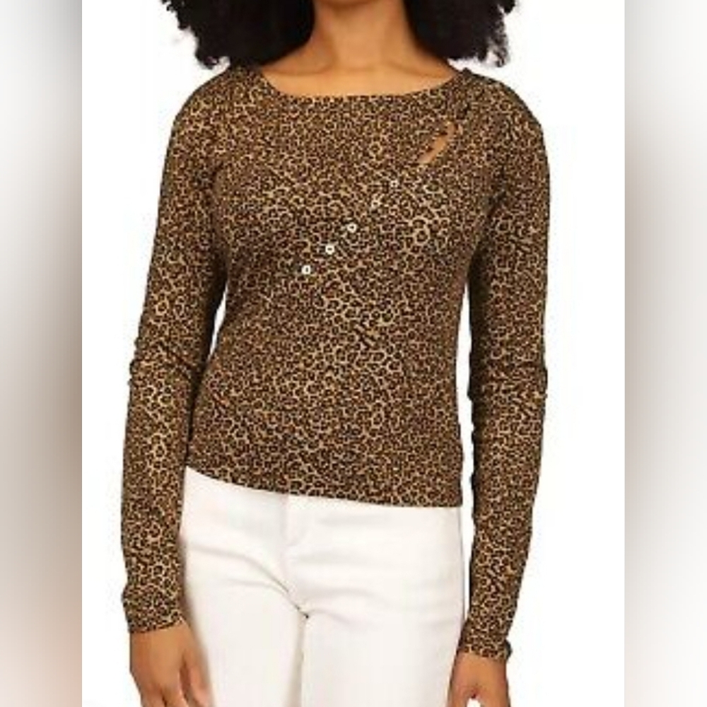 MICHAEL KORS Leopard Animal Print gold Button Front Knit Top Xl LONG SLEEVE